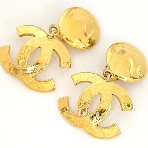 CHANEL Large CC Logos Vintage Dangle Earrings Gold Tone 94P Auth #22400
